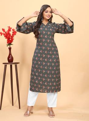 Grey color rayon fabric designer flower printed ethnic kurta set for trendy college girls 1