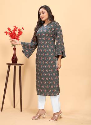 Grey color rayon fabric designer flower printed ethnic kurta set for trendy college girls 4