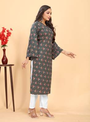 Grey color rayon fabric designer flower printed ethnic kurta set for trendy college girls 5