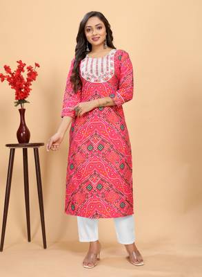 Pink color rayon fabric designer bandhani printed ethnic kurta set for trendy college girls 1