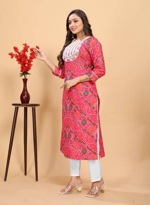 Pink color rayon fabric designer bandhani printed ethnic kurta set for trendy college girls 4