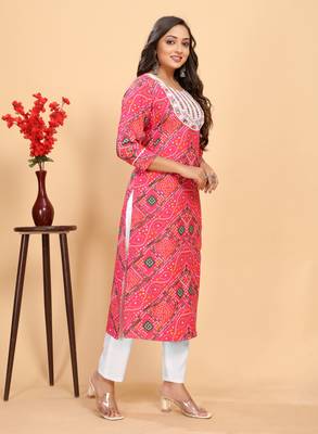 Pink color rayon fabric designer bandhani printed ethnic kurta set for trendy college girls 5