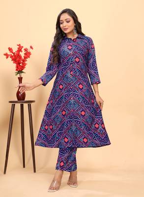 Nevy blue color rayon fabric designer bandhani printed ethnic kurta set for trendy college girls 1