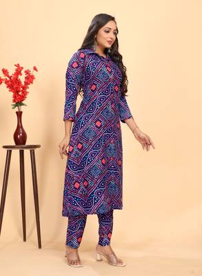 Nevy blue color rayon fabric designer bandhani printed ethnic kurta set for trendy college girls 5