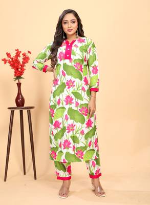Green color rayon fabric designer flower printed ethnic kurta set for trendy college girls 1