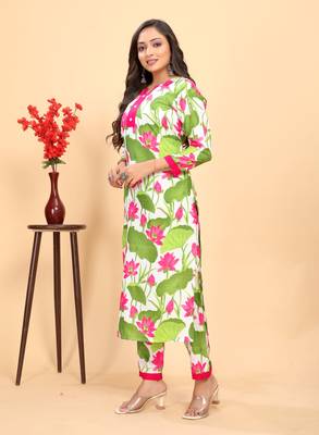 Green color rayon fabric designer flower printed ethnic kurta set for trendy college girls 4