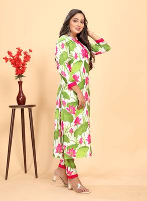 Green color rayon fabric designer flower printed ethnic kurta set for trendy college girls 5