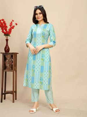Sky blue colour beautiful printed smart cotton fabric kurta set for trendy college girl 1