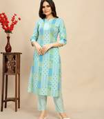 Sky blue colour beautiful printed smart cotton fabric kurta set for trendy college girl