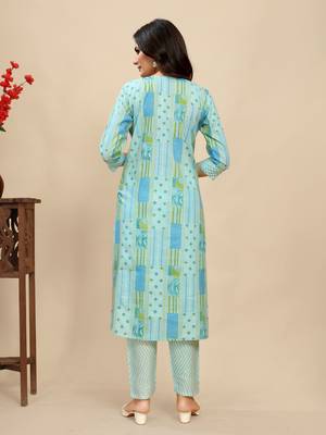 Sky blue colour beautiful printed smart cotton fabric kurta set for trendy college girl 3