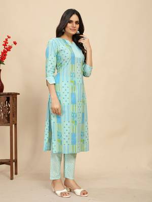 Sky blue colour beautiful printed smart cotton fabric kurta set for trendy college girl 5