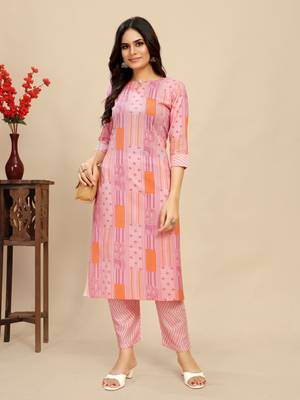 Pink colour beautiful printed smart cotton kurta set for trendy college girl 1