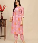 Pink colour beautiful printed smart cotton fabric kurta set for trendy college girl