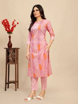 Pink colour beautiful printed smart cotton kurta set for trendy college girl 5