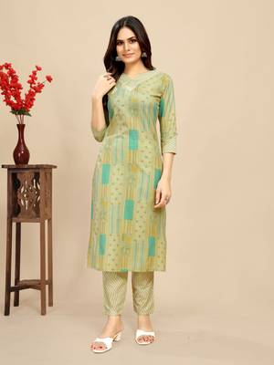 Green colour beautiful printed smart cotton kurta set for trendy college girl 1