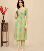 Green colour beautiful printed smart cotton fabric kurta set for trendy college girl