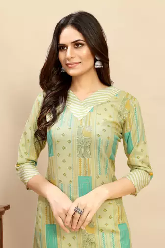 Green colour beautiful printed smart cotton kurta set for trendy college girl
