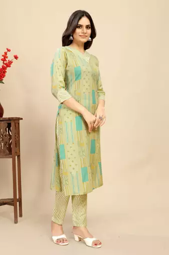 Green colour beautiful printed smart cotton kurta set for trendy college girl