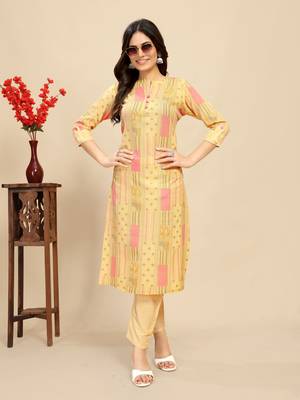 Yellow colour beautiful printed smart cotton kurta set for trendy college girl 1