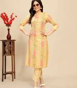 Yellow colour beautiful printed smart cotton fabric kurta set for trendy college girl