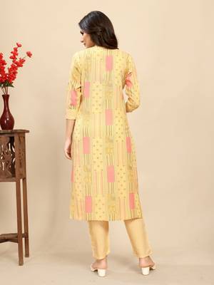Yellow colour beautiful printed smart cotton kurta set for trendy college girl 3