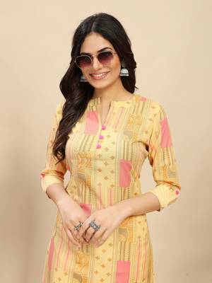 Yellow colour beautiful printed smart cotton kurta set for trendy college girl 4