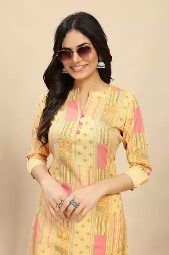 Yellow colour beautiful printed smart cotton kurta set for trendy college girl