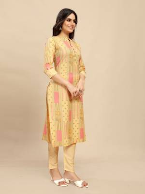Yellow colour beautiful printed smart cotton kurta set for trendy college girl 5