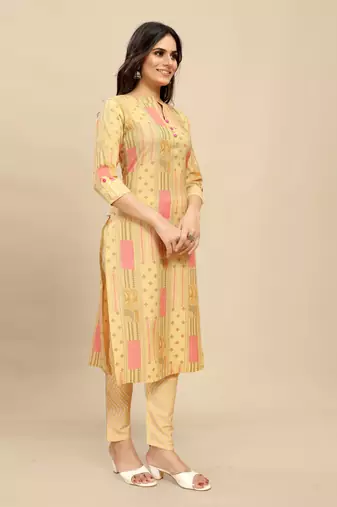 Yellow colour beautiful printed smart cotton kurta set for trendy college girl