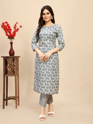 Grey colour beautiful printed smart cotton kurta set for trendy college girl 1