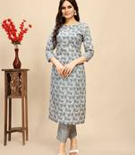 Grey colour beautiful printed smart cotton fabric kurta set for trendy college girl