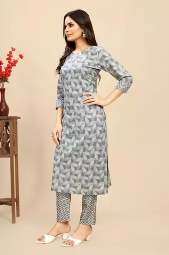 Grey colour beautiful printed smart cotton kurta set for trendy college girl