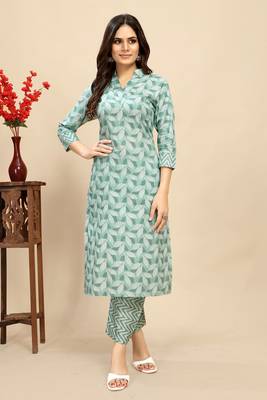Green colour beautiful printed smart cotton kurta set for trendy college girl 1