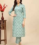 Green colour beautiful printed smart cotton fabric kurta set for trendy college girl