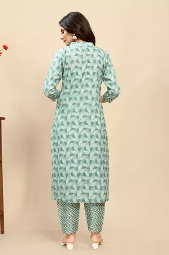 Green colour beautiful printed smart cotton kurta set for trendy college girl