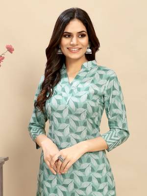 Green colour beautiful printed smart cotton kurta set for trendy college girl 4