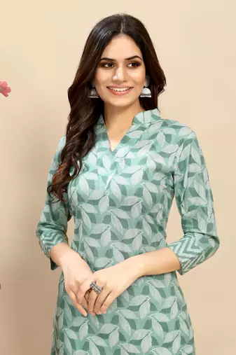 Green colour beautiful printed smart cotton kurta set for trendy college girl
