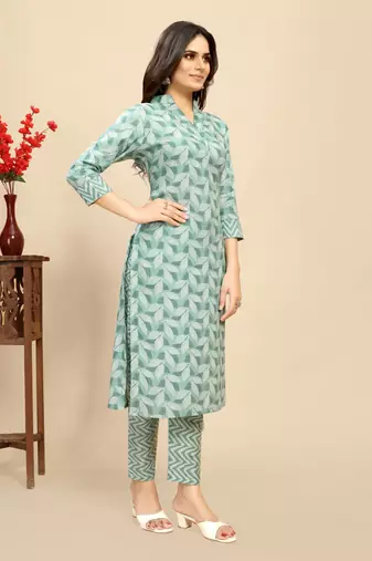 Green colour beautiful printed smart cotton kurta set for trendy college girl