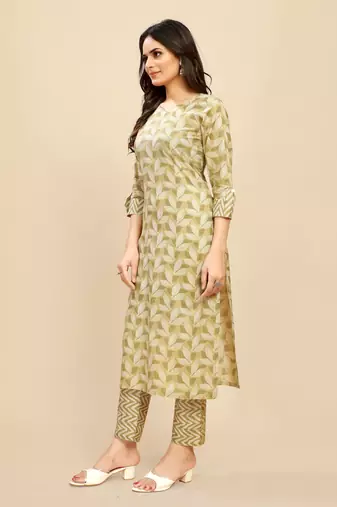 Mustard colour beautiful printed smart cotton kurta set for trendy college girl