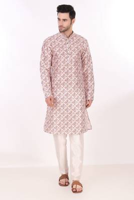 Off white colour art silk fabric smart printed men's kurta pajama for cultural looks 1