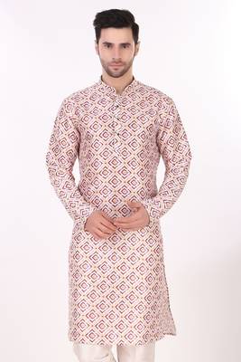 Off white colour art silk fabric smart printed men's kurta pajama for cultural looks 3