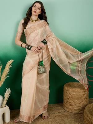 Peach Traditional Khadi Organza c Zari Woven Saree Festive Traditional Looks 1