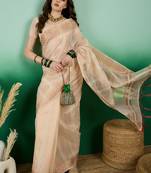 Peach Traditional Khadi Organza c Zari Woven Saree For Festive Traditional Looks