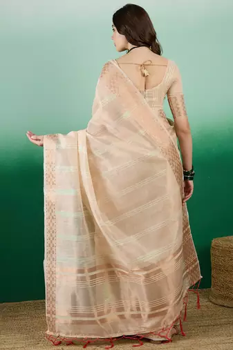 Peach Traditional Khadi Organza c Zari Woven Saree Festive Traditional Looks