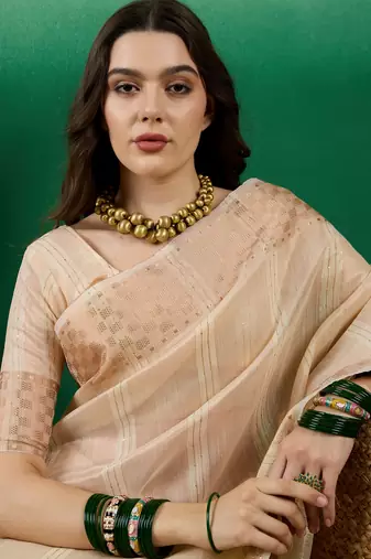 Peach Traditional Khadi Organza c Zari Woven Saree Festive Traditional Looks