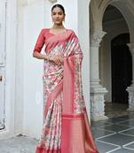 Pink Ethnic Woven tussar silk blend Saree With Smart Floral Print Ceremonial Looks
