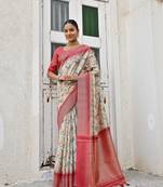 Pink Ethnic Woven tussar silk blend Saree With Smart Floral Print Ceremonial Looks