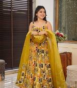 Yellow Crepe printed Maxi Suit Set