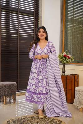 Purple Cotton Printed Kurta Suit Set 1