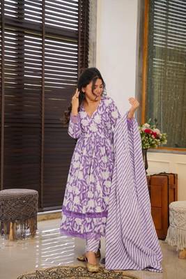 Purple Cotton Printed Kurta Suit Set 3